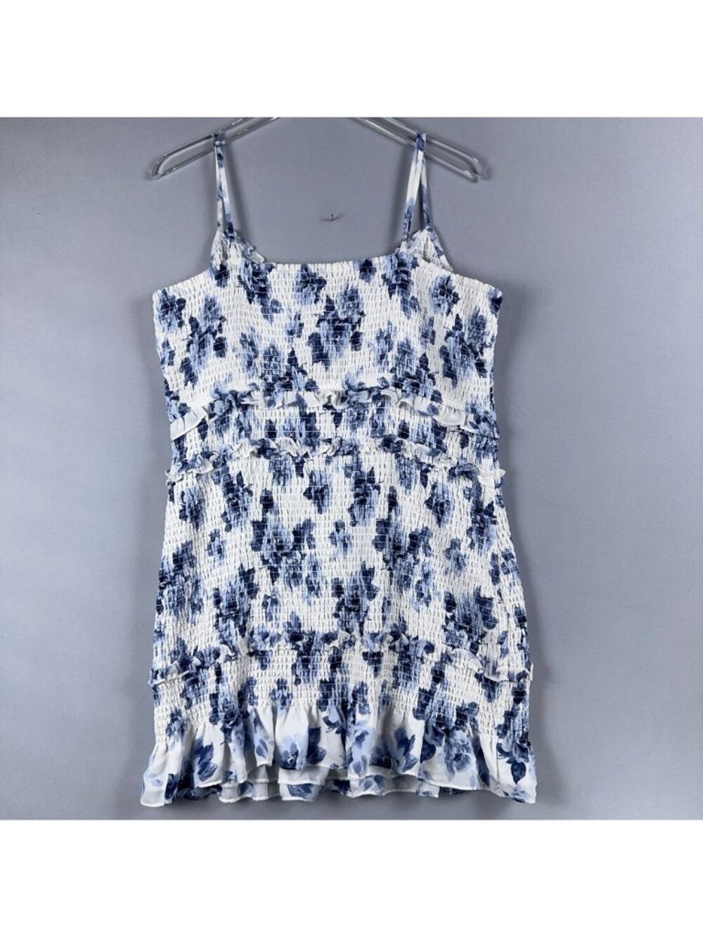 Abercrombie & Fitch Mini Dress Size XXL Floral Smocked Ruffle Blue White Sleevel - Picture 5 of 11